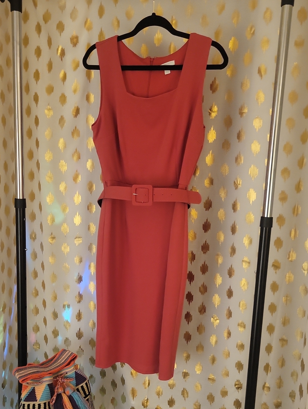 Women’s Sleeveless Belted Sheath Dress in Coral Pink